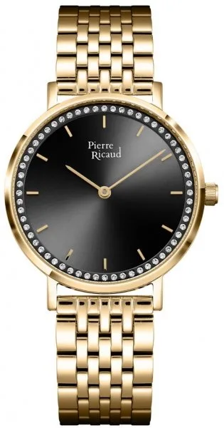 Damski zegarek Pierre Ricaud P22171.1114QZ Classic – złota koperta, czarna tarcza z cyrkoniami