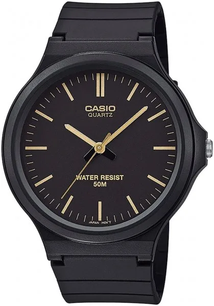 Zegarek męski Casio Classic MW-240-7EVEF – czarny pasek, złote detale, wodoszczelny 50m
