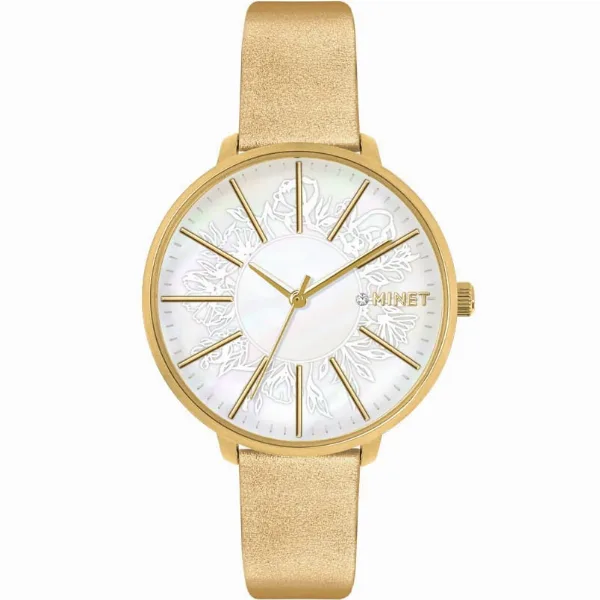 MINET MWL5141 - PRAGUE Gold Flower - Damski - Zegarek na pasku skórzanym