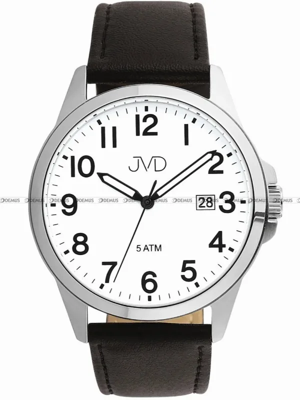 Zegarek męski JVD J1131.4 – elegancki czarno-srebrny, skórzany, z kalendarzem i luminescencją