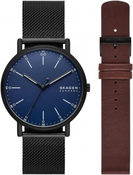 Skagen Black Stainless Steel Mesh and Brown Leather Strap Set 40mm  SKW6933SET