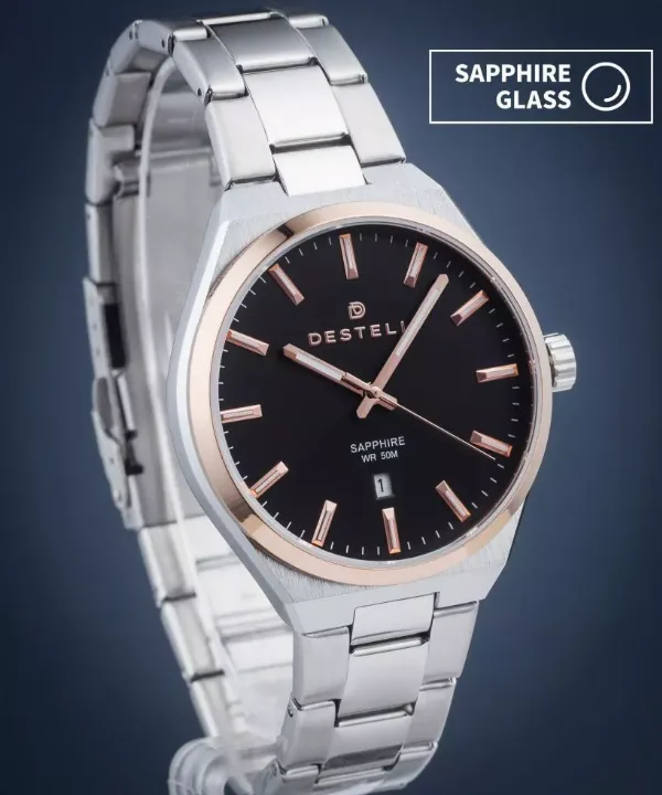 Zegarek męski DESTELL Aries Black Silver Steel Sapphire