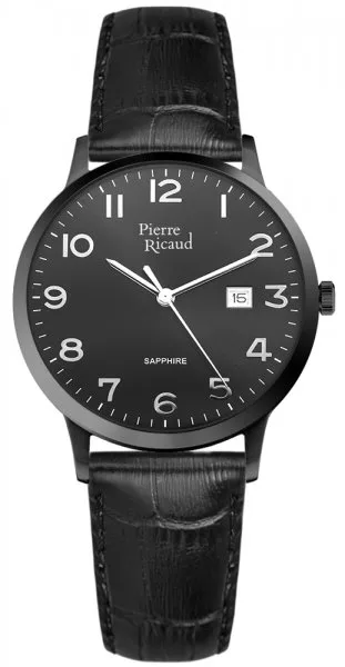 Zegarek Męski Pierre Ricaud P91022.B224Q Czarna Tarcza Szafirowe Szkło Skórzany Pasek 40 mm