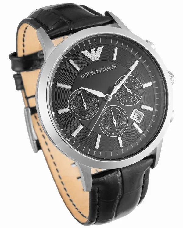 Emporio Armani AR2447 Renato srebrny z czarną tarczą na skórzanym pasku