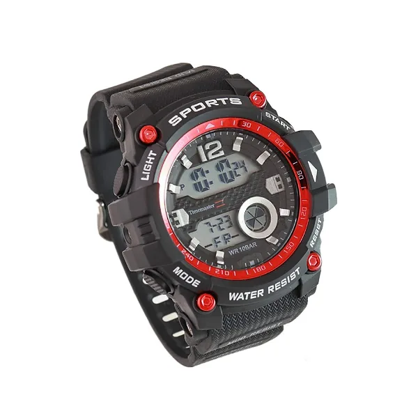 Timemaster Sports 008-10 – dziecięcy zegarek sportowy LCD 10 ATM, czarno-czerwony